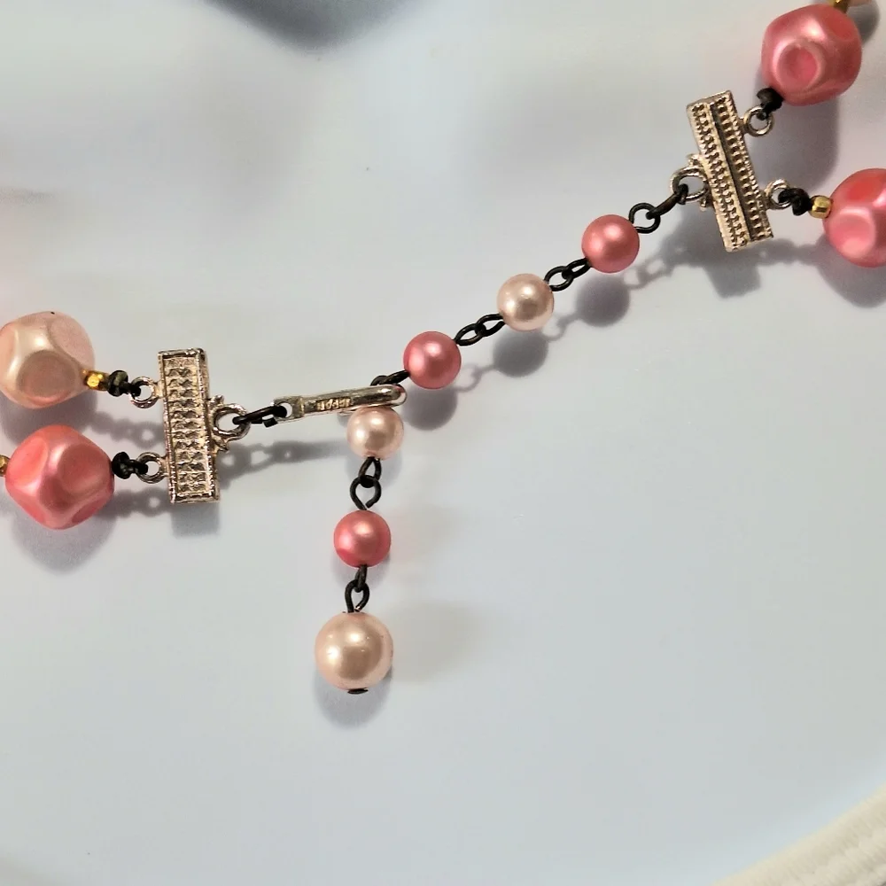 Vintage beaded necklace in pinks and orange, adjustable - Picture 3 of 4